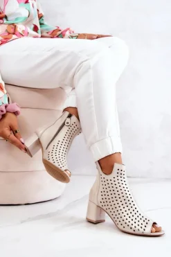 Skórzane Ażurowe Botki Maciejka 05420-04 Beżowe