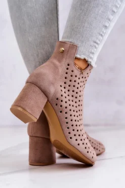 Skórzane Ażurowe Botki Maciejka 05420-10 Ciemnobeżowe