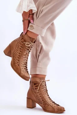 Skórzane Ażurowe Botki Maciejka 05508-10 Ciemnobeżowe