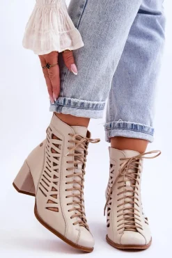 Skórzane Ażurowe Botki Maciejka 05508-22 Jasnobeżowe
