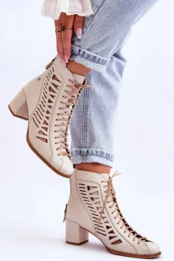 Skórzane Ażurowe Botki Maciejka 05508-22 Jasnobeżowe