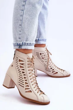 Skórzane Ażurowe Botki Maciejka 05508-22 Jasnobeżowe