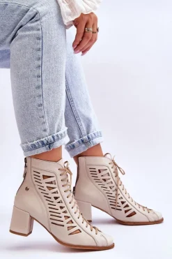 Skórzane Ażurowe Botki Maciejka 05508-22 Jasnobeżowe