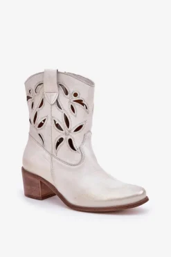 Skórzane Ażurowe Botki Na Obcasie Zazoo 3621 Złoty Przecierany