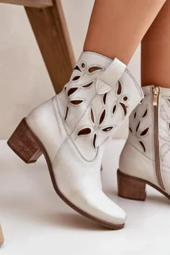 Skórzane Ażurowe Botki Na Obcasie Zazoo 3621 Złoty Przecierany