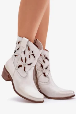 Skórzane Ażurowe Botki Na Obcasie Zazoo 3621 Złoty Przecierany