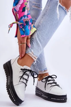 Skórzane Ażurowe Buty Sportowe Białe Leonor