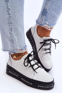 Skórzane Ażurowe Buty Sportowe Białe Leonor