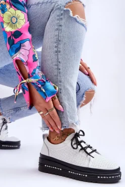 Skórzane Ażurowe Buty Sportowe Białe Leonor