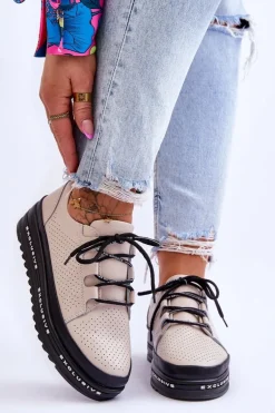 Skórzane Ażurowe Buty Sportowe Beżowe Leonor