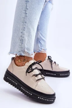 Skórzane Ażurowe Buty Sportowe Beżowe Leonor