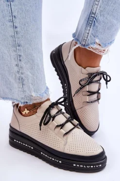 Skórzane Ażurowe Buty Sportowe Beżowe Leonor