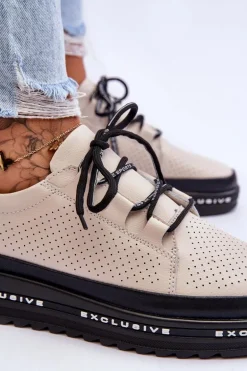 Skórzane Ażurowe Buty Sportowe Beżowe Leonor