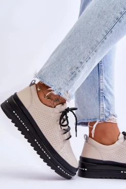 Skórzane Ażurowe Buty Sportowe Beżowe Leonor