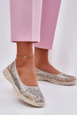 Skórzane Ażurowe Lekkie Baleriny Złote Leaneila