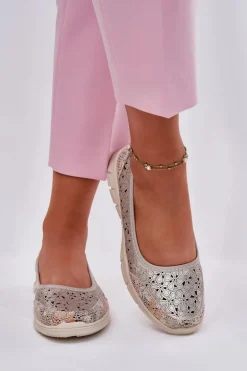 Skórzane Ażurowe Lekkie Baleriny Złote Leaneila