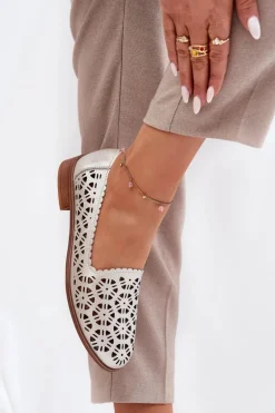 Skórzane Ażurowe Mokasyny Damskie S.Barski LR51-646 Złote