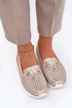 Skórzane Ażurowe Półbuty Damskie Z Naturalnej Skóry D&A LR51-631 Złote