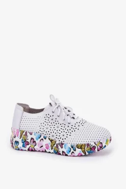 Skórzane Ażurowe Półbuty Damskie Na Koturnie Motyle Artiker 56C1618 Białe