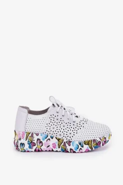 Skórzane Ażurowe Półbuty Damskie Na Koturnie Motyle Artiker 56C1618 Białe