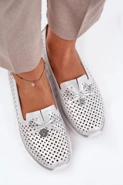 Skórzane Ażurowe Półbuty Damskie Z Naturalnej Skóry D&A LR51-631 Srebrne