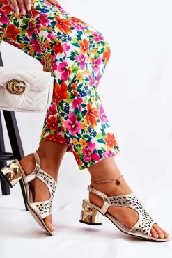 Skórzane Ażurowe Sandałki Na Obcasie Złote Salvio