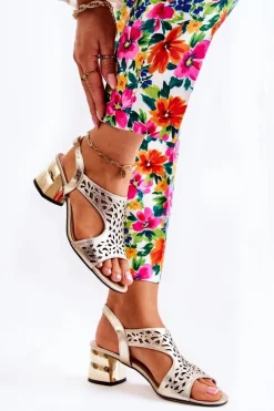 Skórzane Ażurowe Sandałki Na Obcasie Złote Salvio