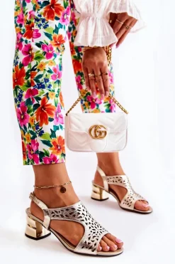 Skórzane Ażurowe Sandałki Na Obcasie Złote Salvio