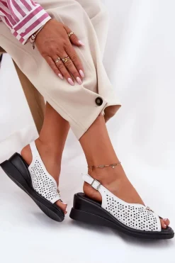 Skórzane Ażurowe Sandały Damskie Na Koturnie Vinceza 79529 Białe
