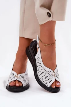 Skórzane Ażurowe Sandały Damskie Na Koturnie Vinceza 79529 Białe