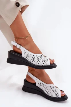 Skórzane Ażurowe Sandały Damskie Na Koturnie Vinceza 79529 Białe