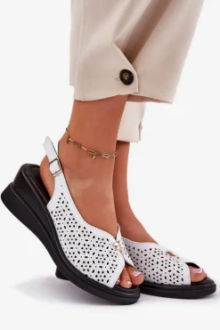 Skórzane Ażurowe Sandały Damskie Na Koturnie Vinceza 79529 Białe
