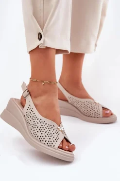Skórzane Ażurowe Sandały Damskie Na Koturnie Vinceza 79529 Beżowe