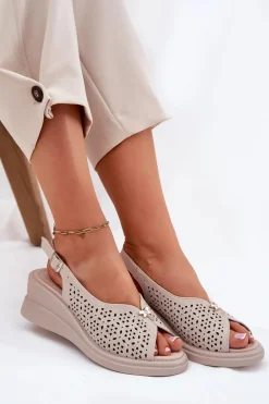Skórzane Ażurowe Sandały Damskie Na Koturnie Vinceza 79529 Beżowe