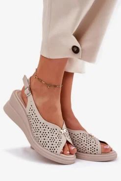 Skórzane Ażurowe Sandały Damskie Na Koturnie Vinceza 79529 Beżowe