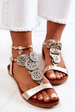 Skórzane Ażurowe Sandały Lewski 3049 Złote