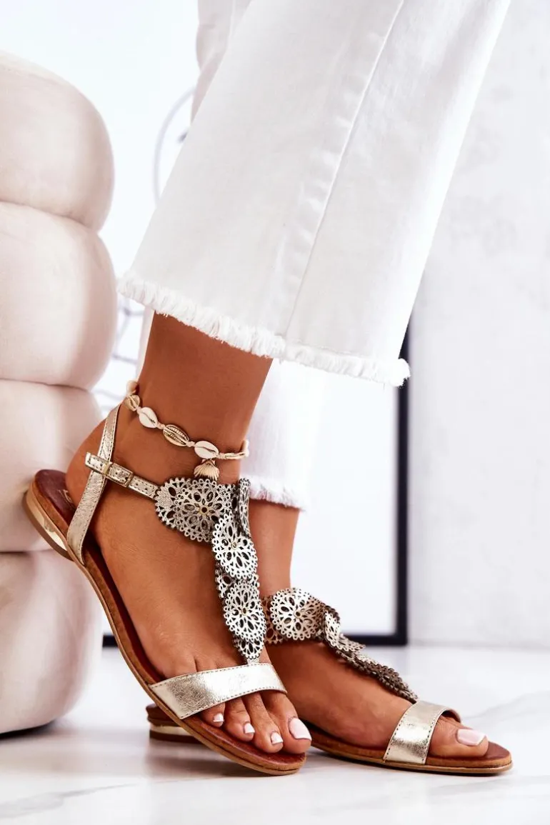 Skórzane Ażurowe Sandały Lewski 3049 Złote