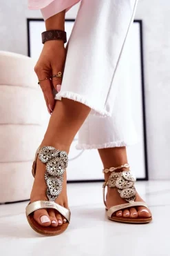 Skórzane Ażurowe Sandały Lewski 3049 Złote