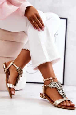 Skórzane Ażurowe Sandały Lewski 3049 Złote