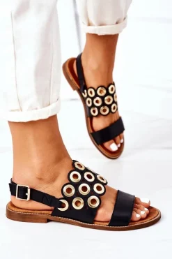 Skórzane Ażurowe Sandały Lewski Shoes 3042 Czarne