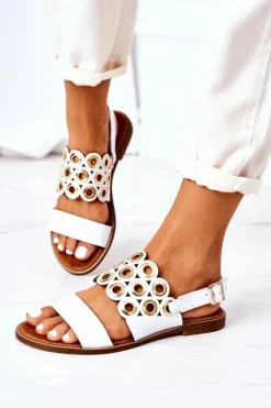 Skórzane Ażurowe Sandały Lewski Shoes 3042 Białe