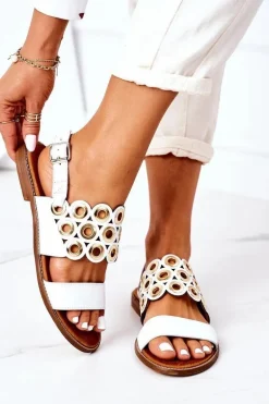 Skórzane Ażurowe Sandały Lewski Shoes 3042 Białe