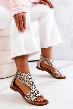 Skórzane Ażurowe Sandały Lewski 2699/2 Złote