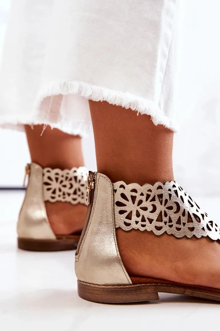 Skórzane Ażurowe Sandały Lewski 2699/2 Złote