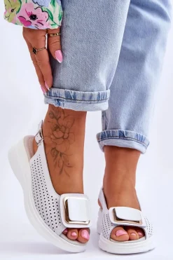 Skórzane Ażurowe Sandały S.Barski BN291 Białe