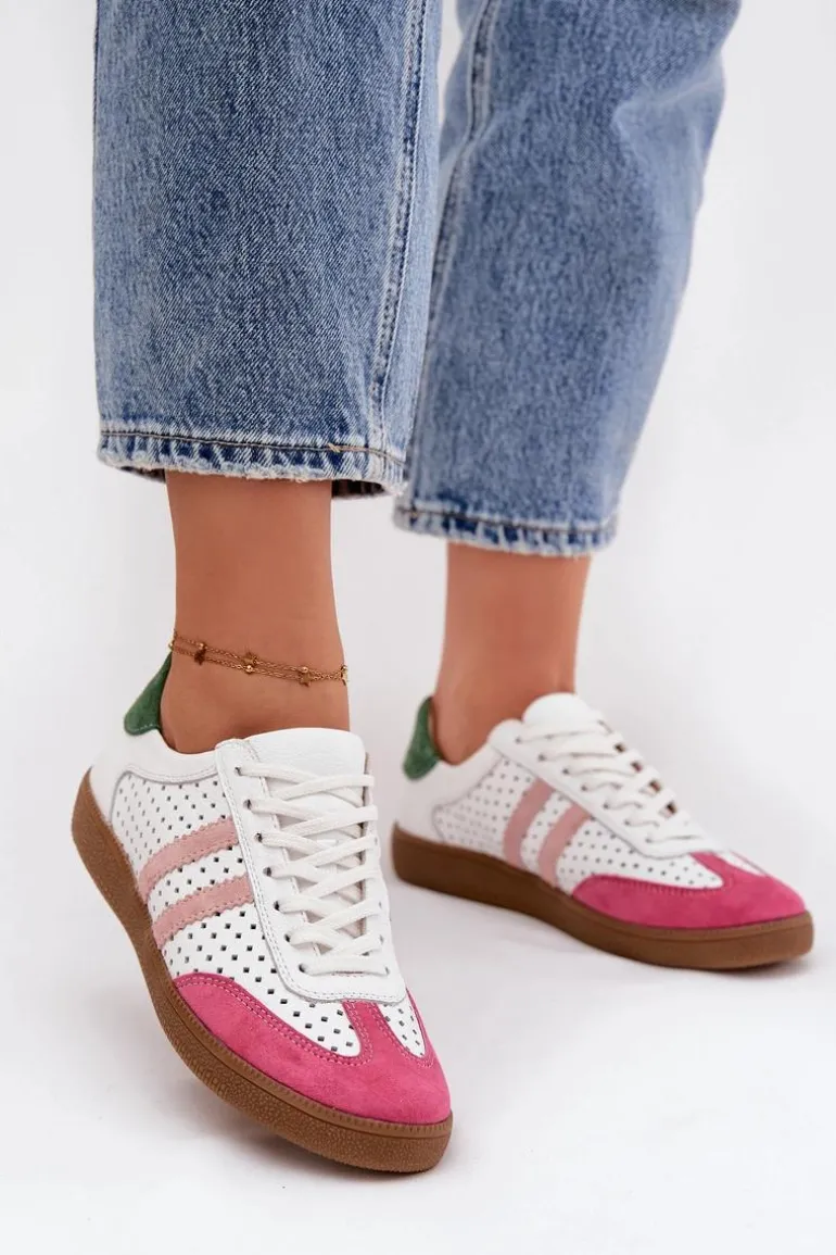 Skórzane Ażurowe Sneakersy Damskie Zazoo N1318 Biało-Różowe