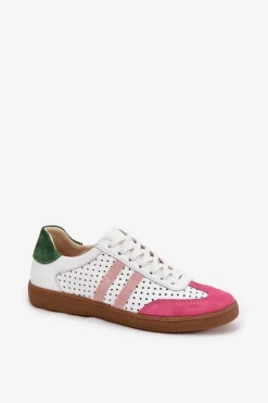 Skórzane Ażurowe Sneakersy Damskie Zazoo N1318 Biało-Różowe