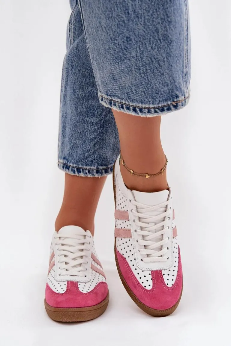 Skórzane Ażurowe Sneakersy Damskie Zazoo N1318 Biało-Różowe