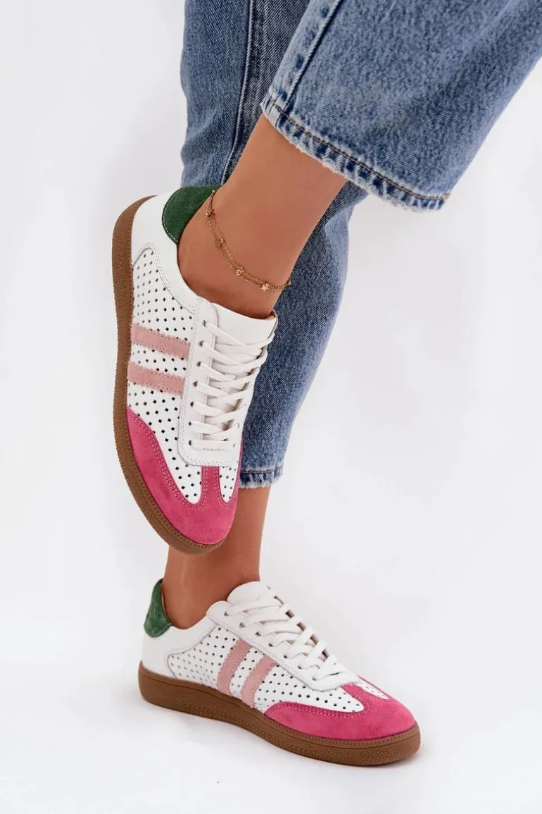 Skórzane Ażurowe Sneakersy Damskie Zazoo N1318 Biało-Różowe