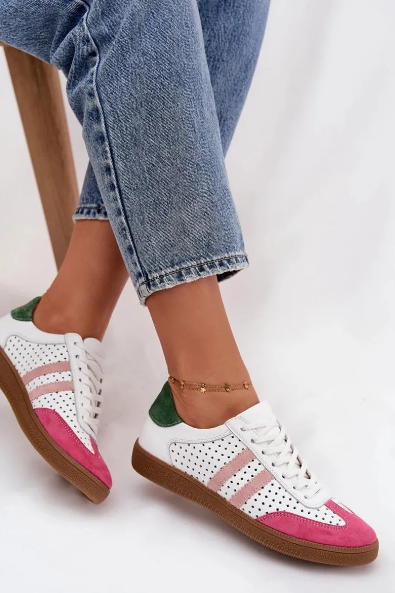 Skórzane Ażurowe Sneakersy Damskie Zazoo N1318 Biało-Różowe